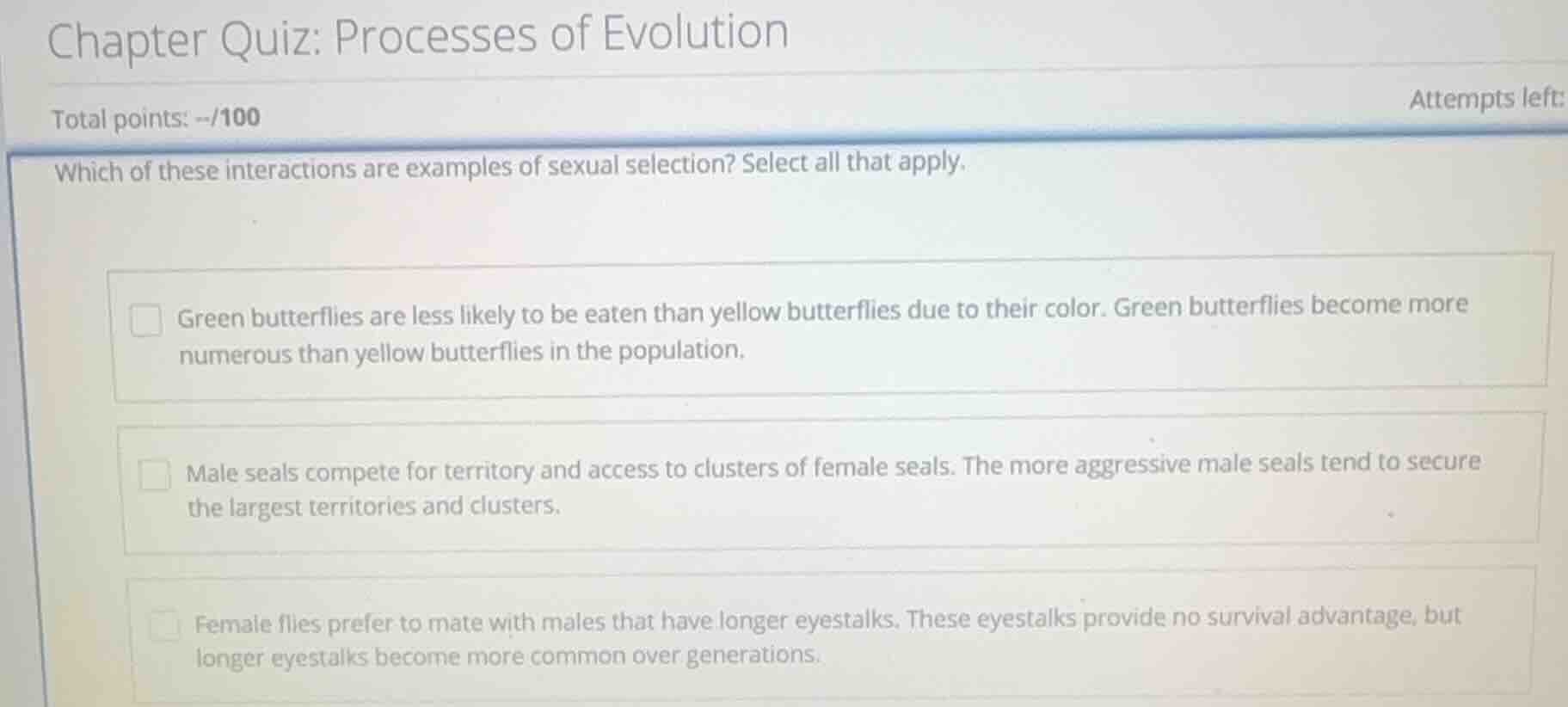 which of these interactions are examples of sexual selection? select al…