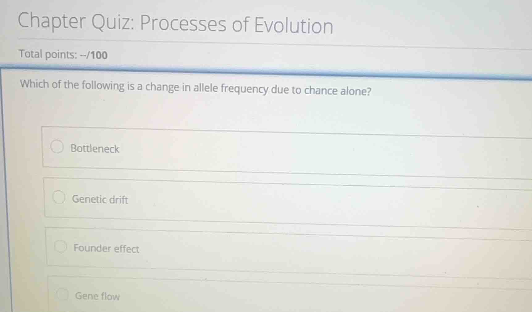 chapter quiz: processes of evolution total points: --/100 which of the …