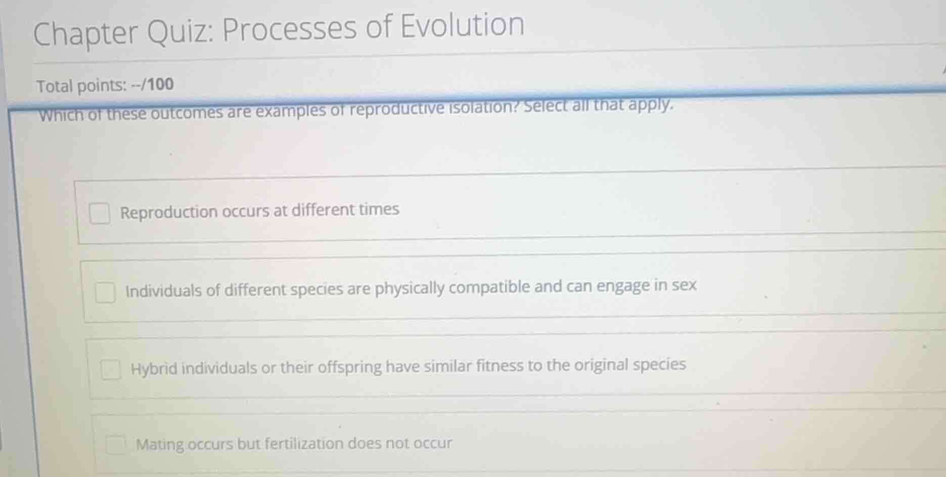 chapter quiz: processes of evolution total points: --/100 which of thes…