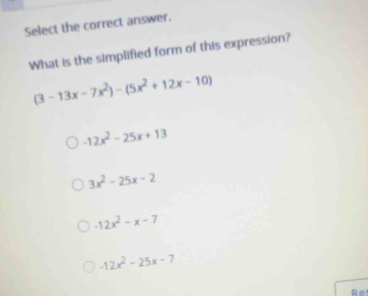 select the correct answer. what is the simplified form of this expressi…