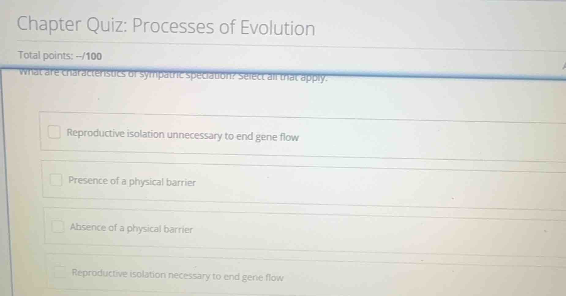 chapter quiz: processes of evolution total points: --/100 what are char…