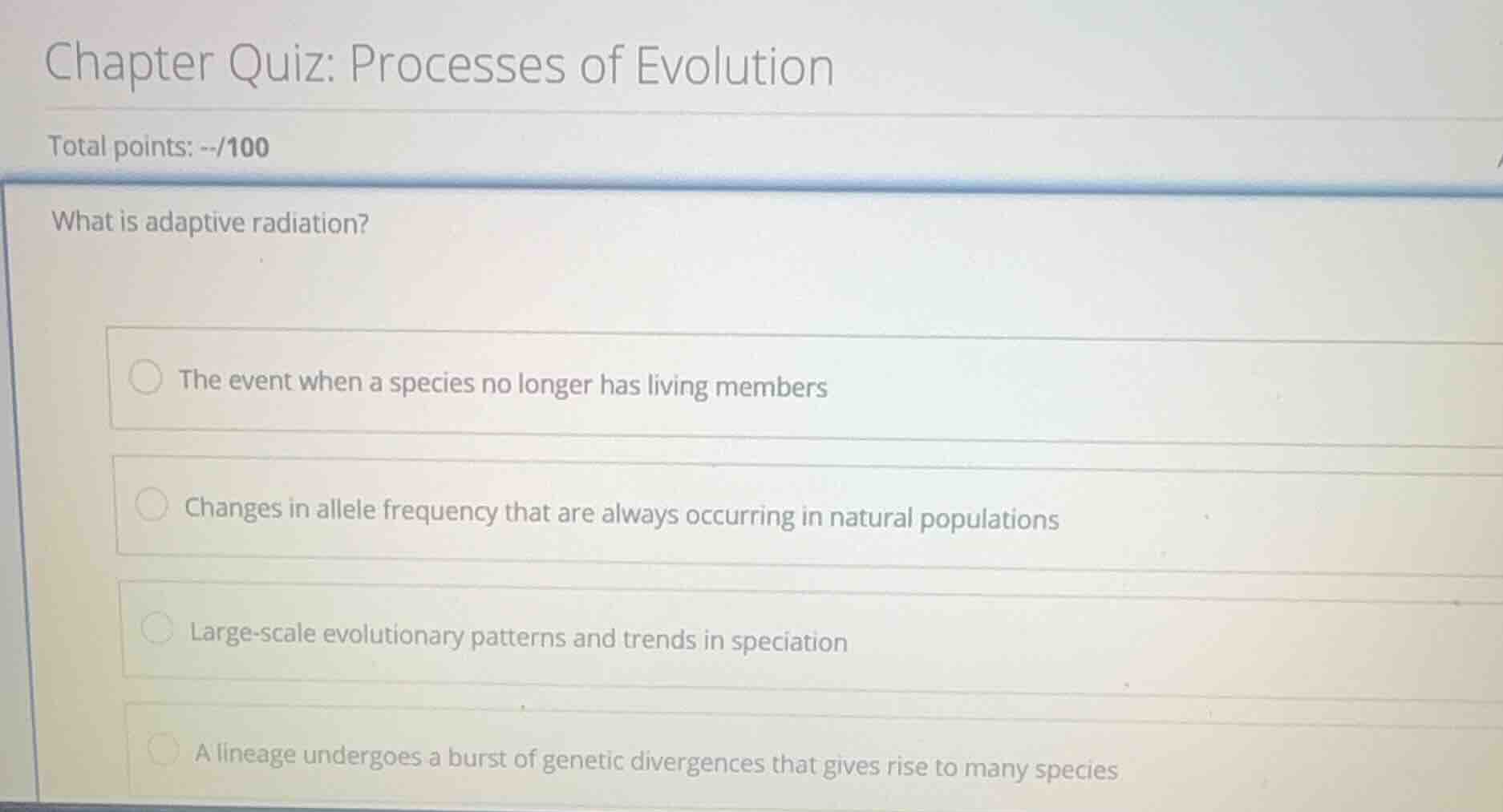 what is adaptive radiation? - the event when a species no longer has li…
