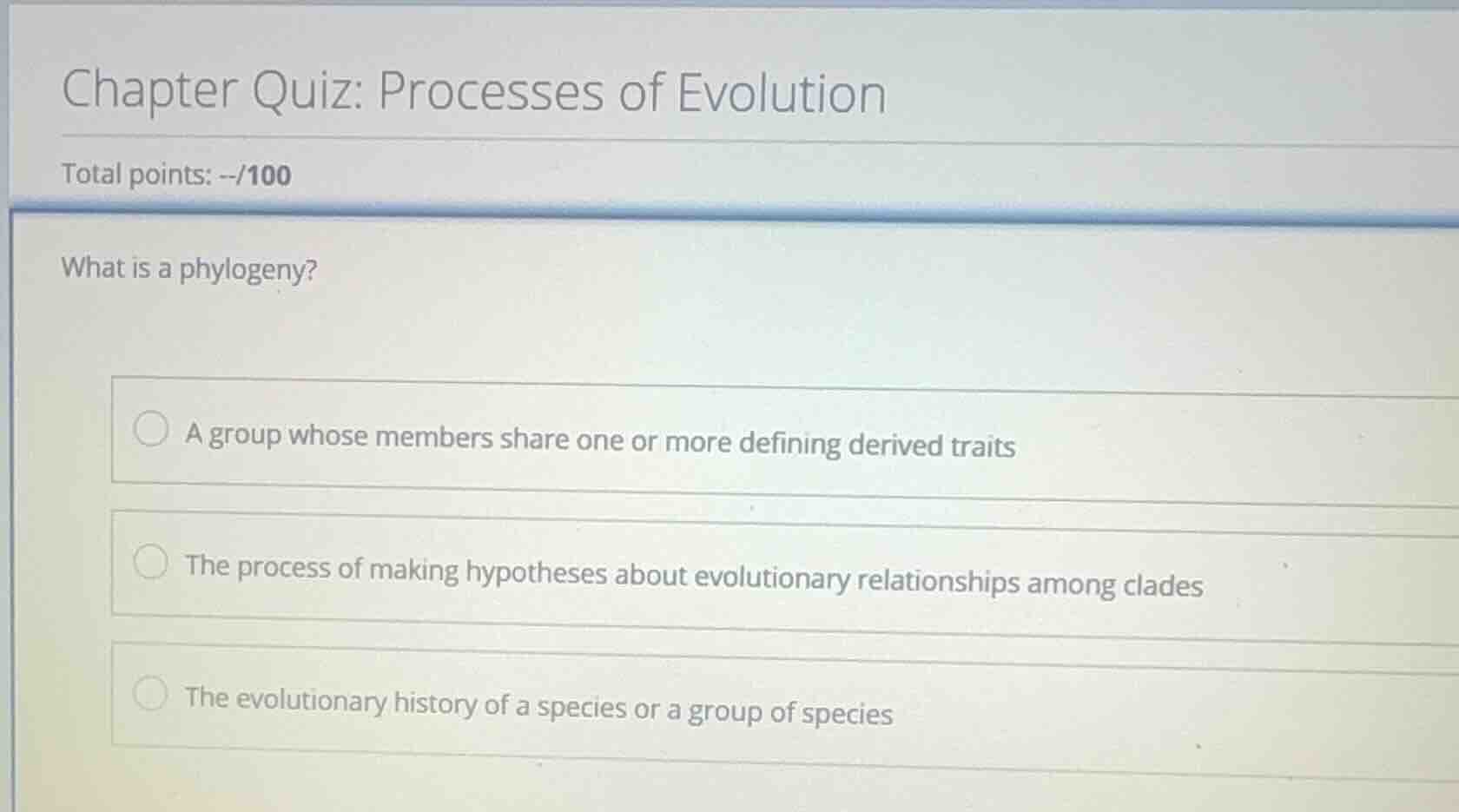 chapter quiz: processes of evolution total points: --/100 what is a phy…