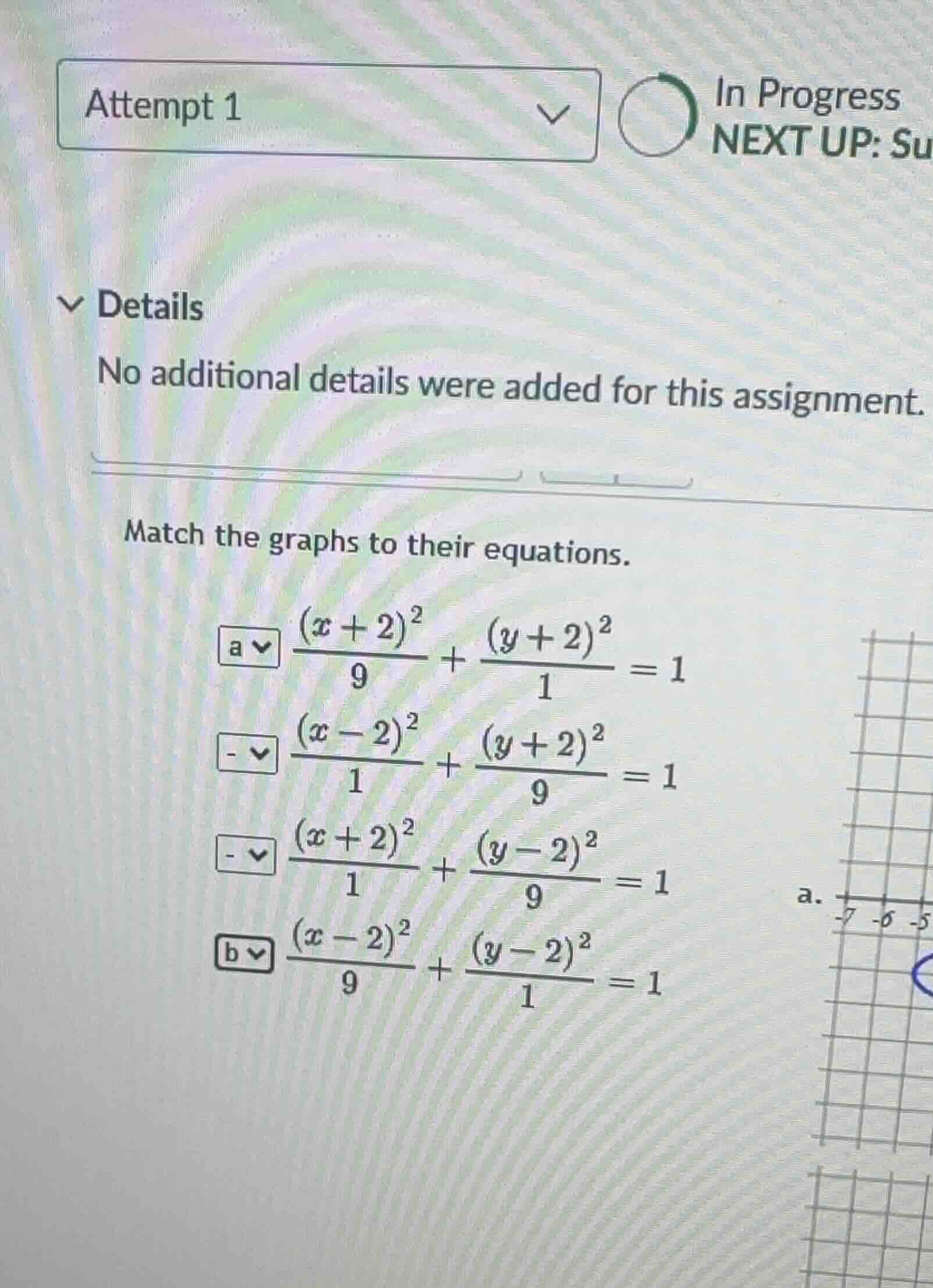 match the graphs to their equations. \\frac{(x+2)^2}{9} + \\frac{(y+2)^…