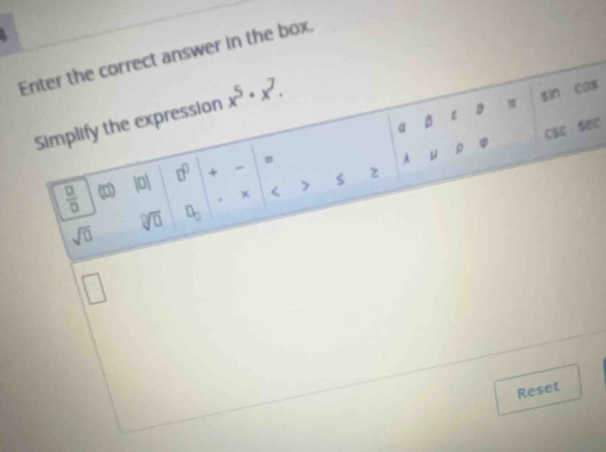 enter the correct answer in the box. simplify the expression \\(x^5 \\c…
