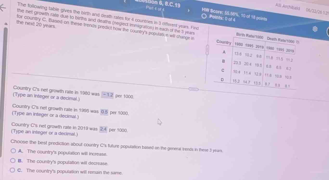 the following table gives the birth and death rates for 4 countries in …