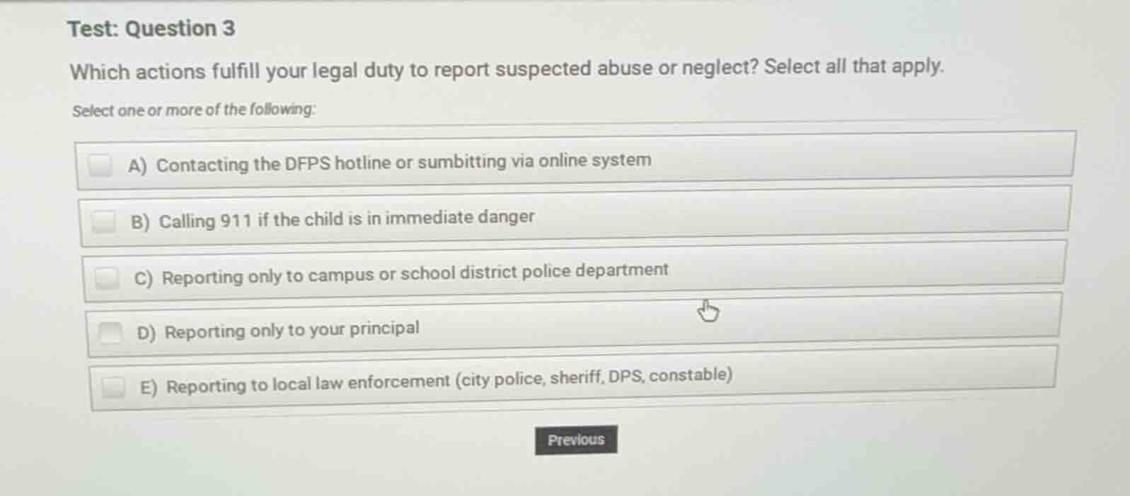 test: question 3 which actions fulfill your legal duty to report suspec…