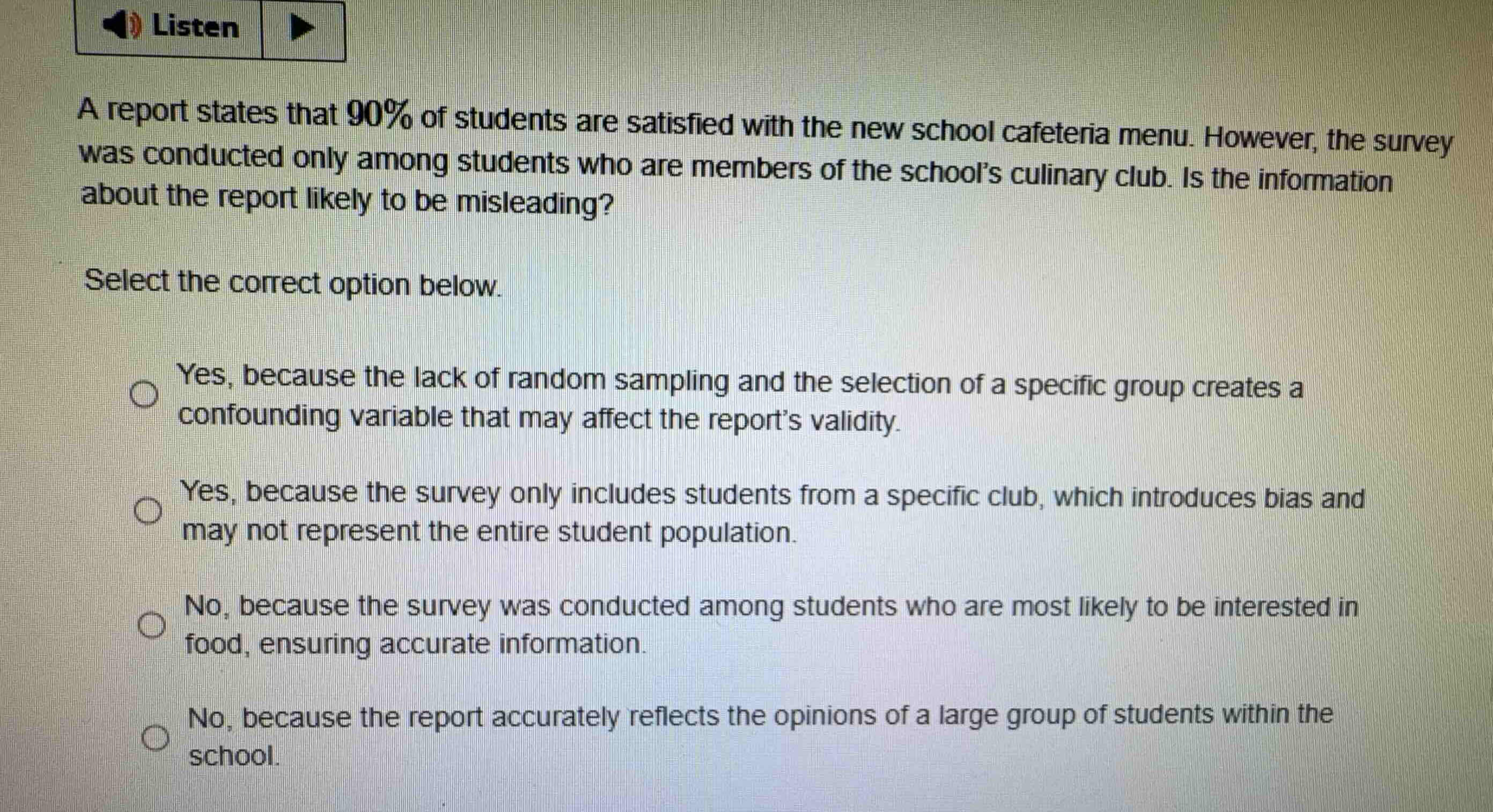a report states that 90% of students are satisfied with the new school …
