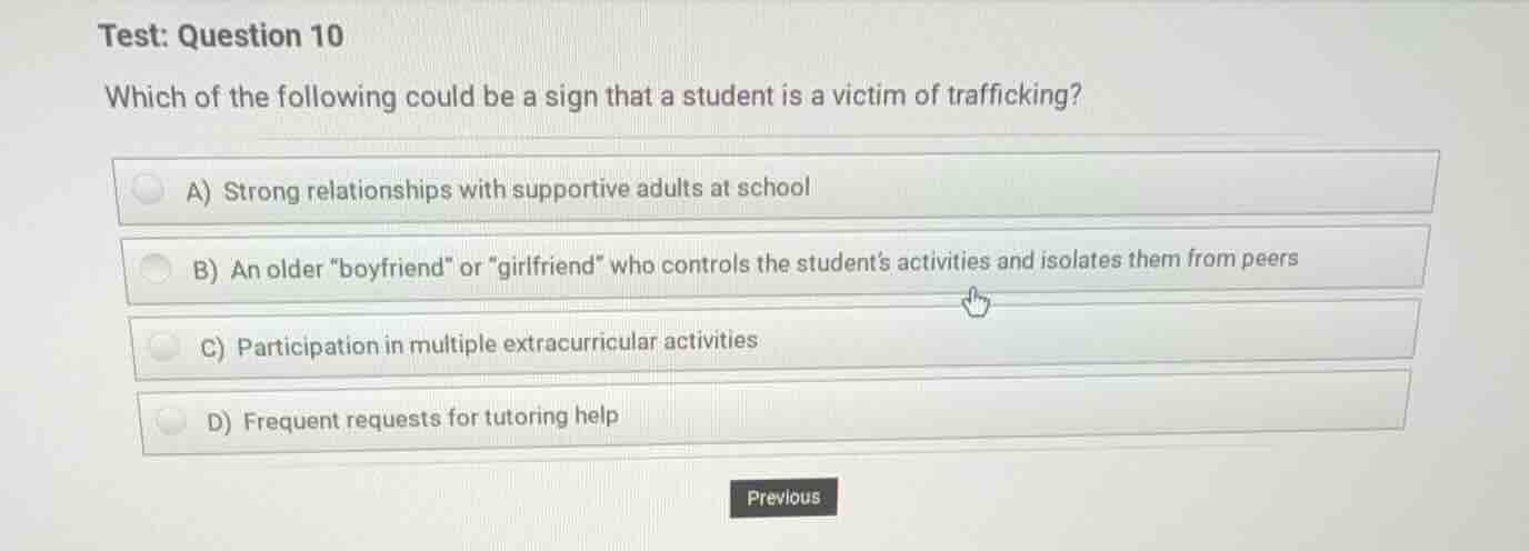 test: question 10 which of the following could be a sign that a student…