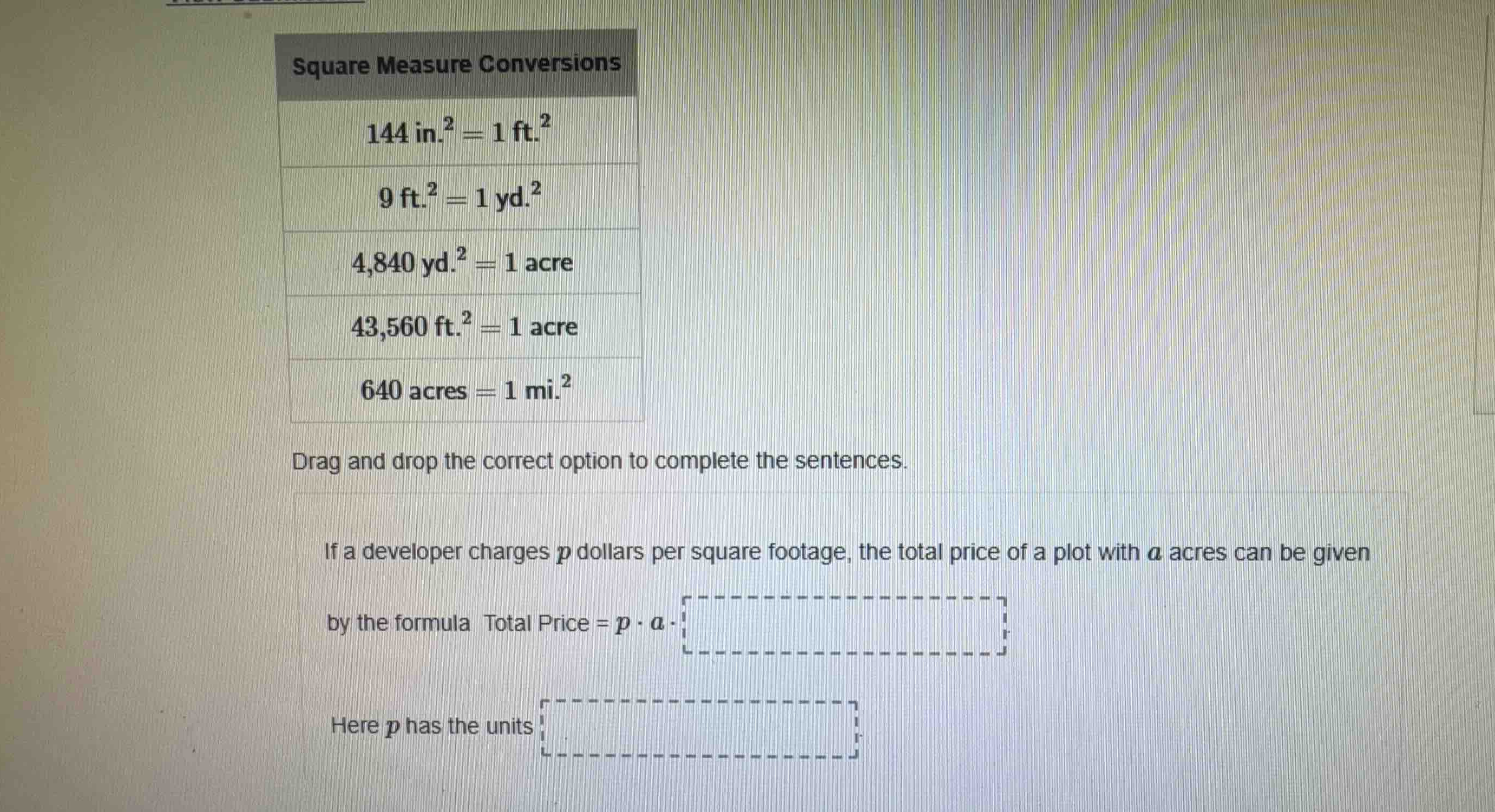 square measure conversions \\(144\\text{ in.}^2 = 1\\text{ ft.}^2\\) \\…