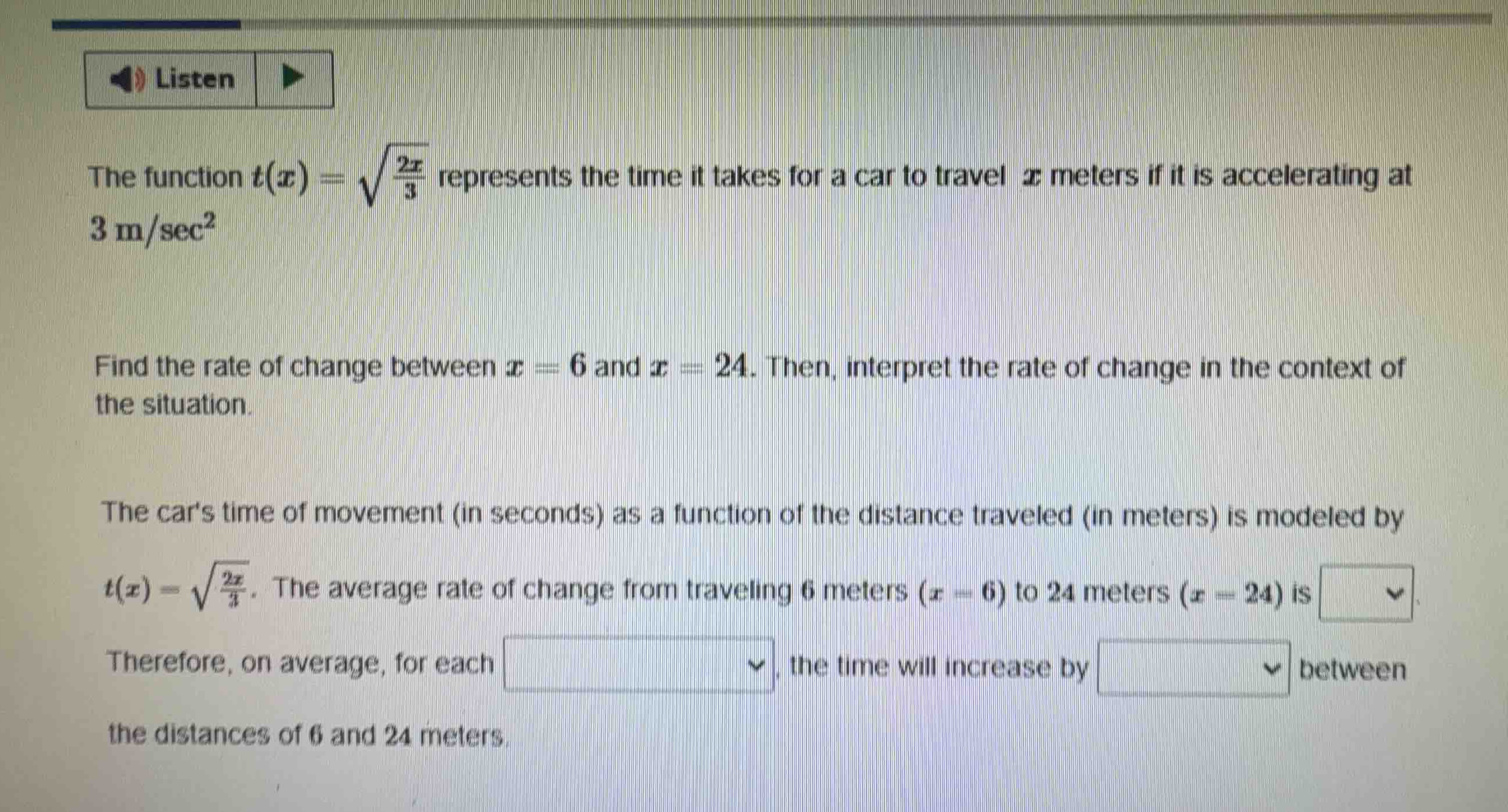 the function \\(t(x) = \\sqrt{\\frac{2x}{3}}\\) represents the time it …