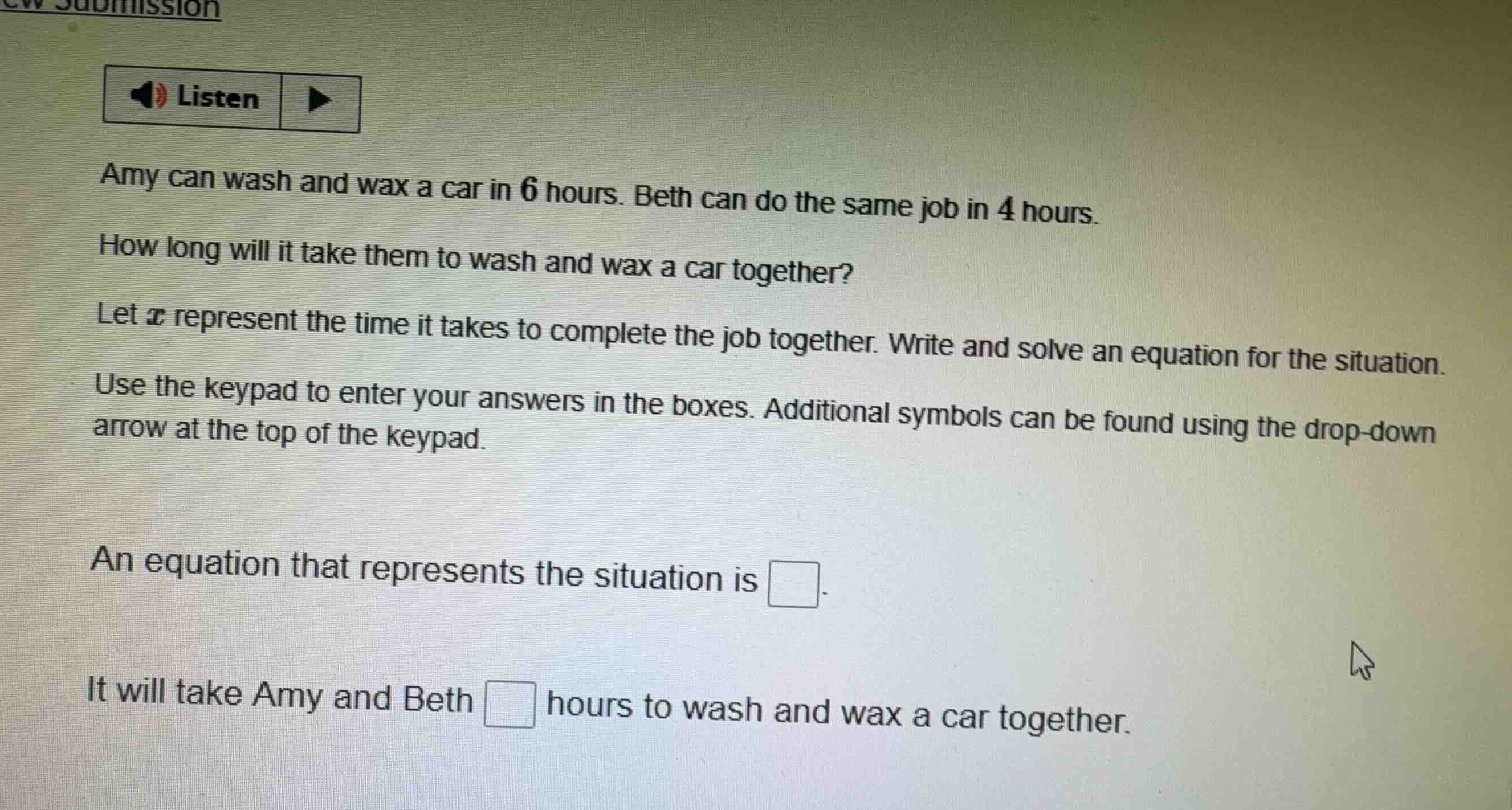 amy can wash and wax a car in 6 hours. beth can do the same job in 4 ho…