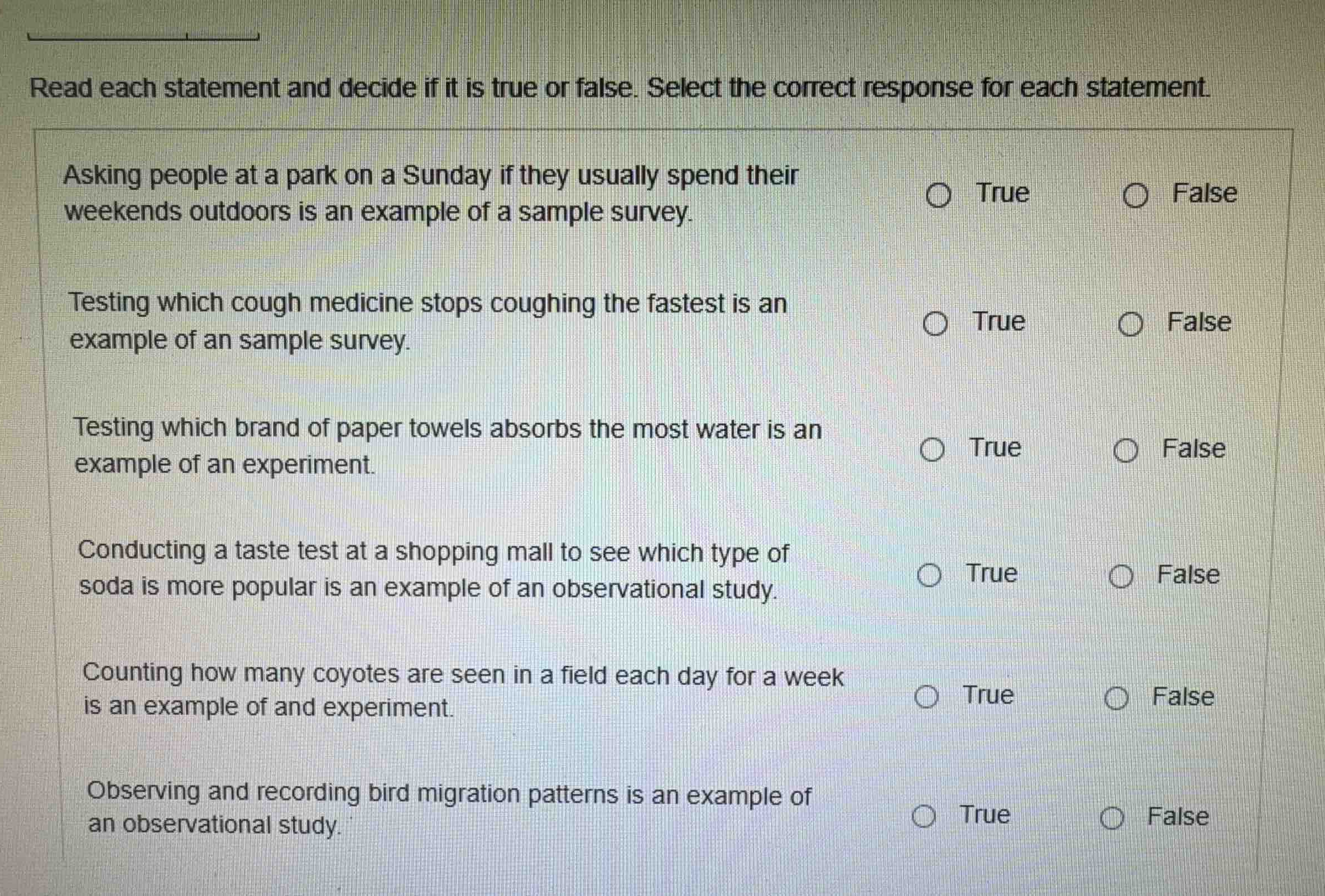 read each statement and decide if it is true or false. select the corre…
