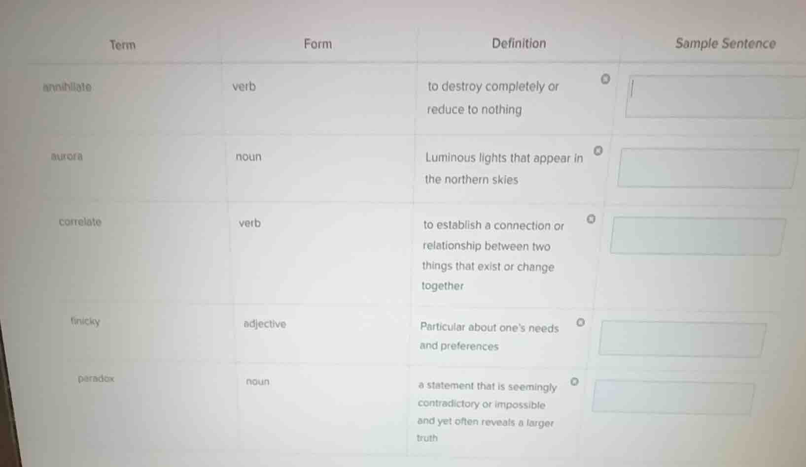 term | form | definition | sample sentence --- | --- | --- | --- annihi…