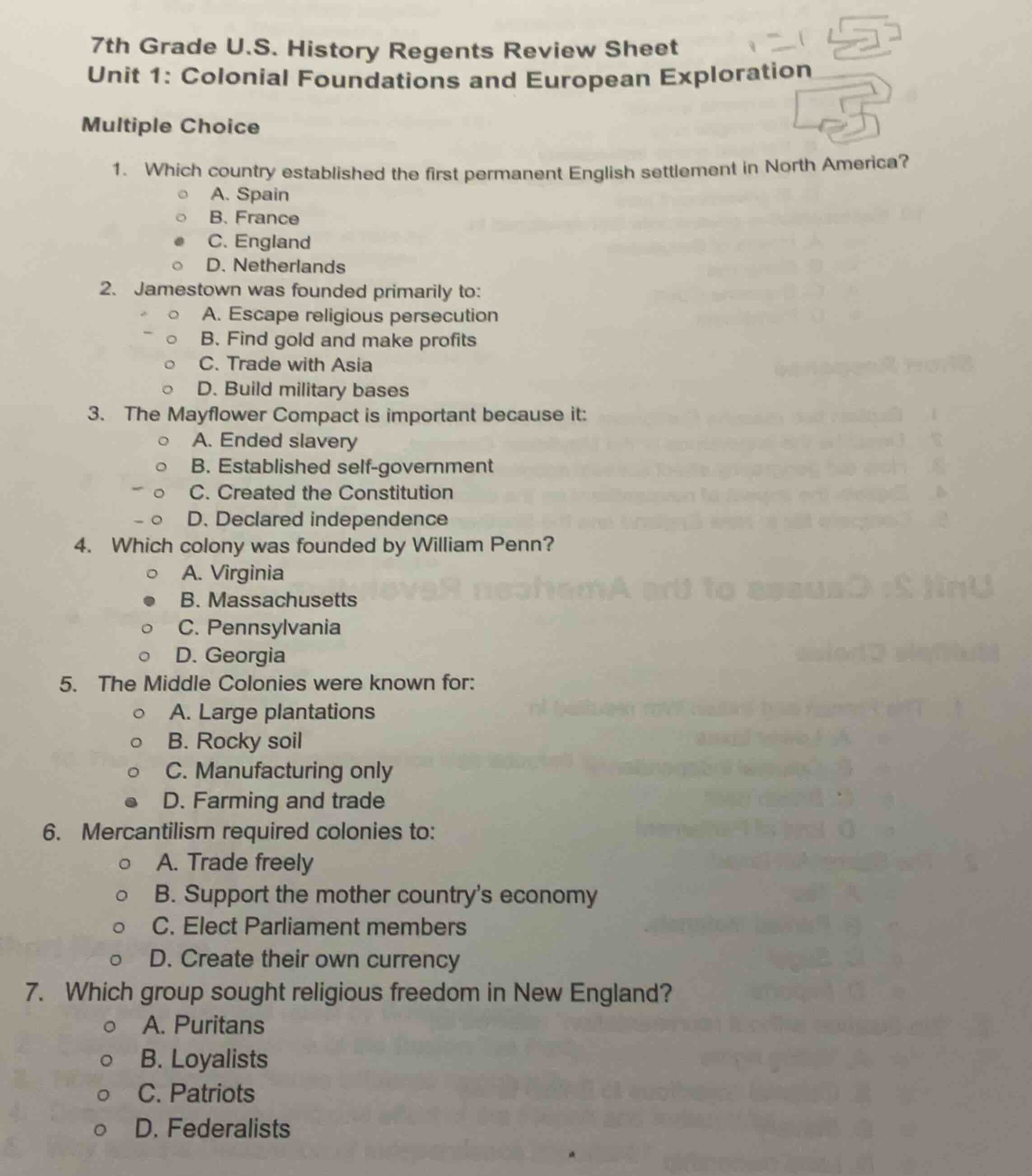 7th grade u.s. history regents review sheet unit 1: colonial foundation…
