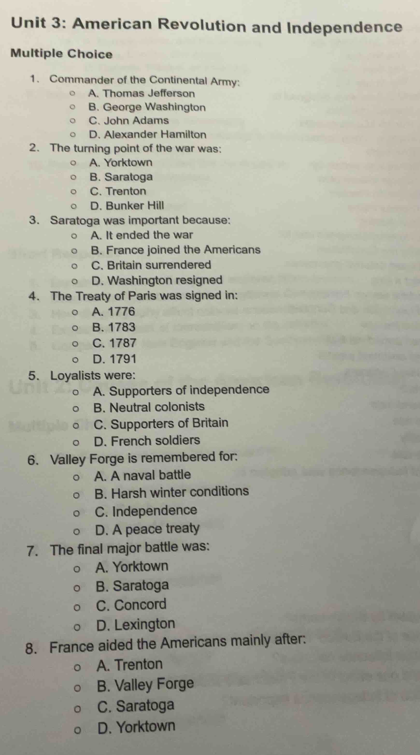 unit 3: american revolution and independence multiple choice 1. command…