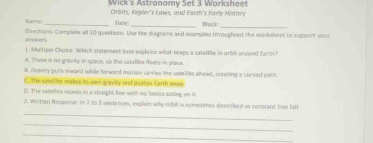 wicks astronomy set 3 worksheet orbits, keplers laws, and earths early …