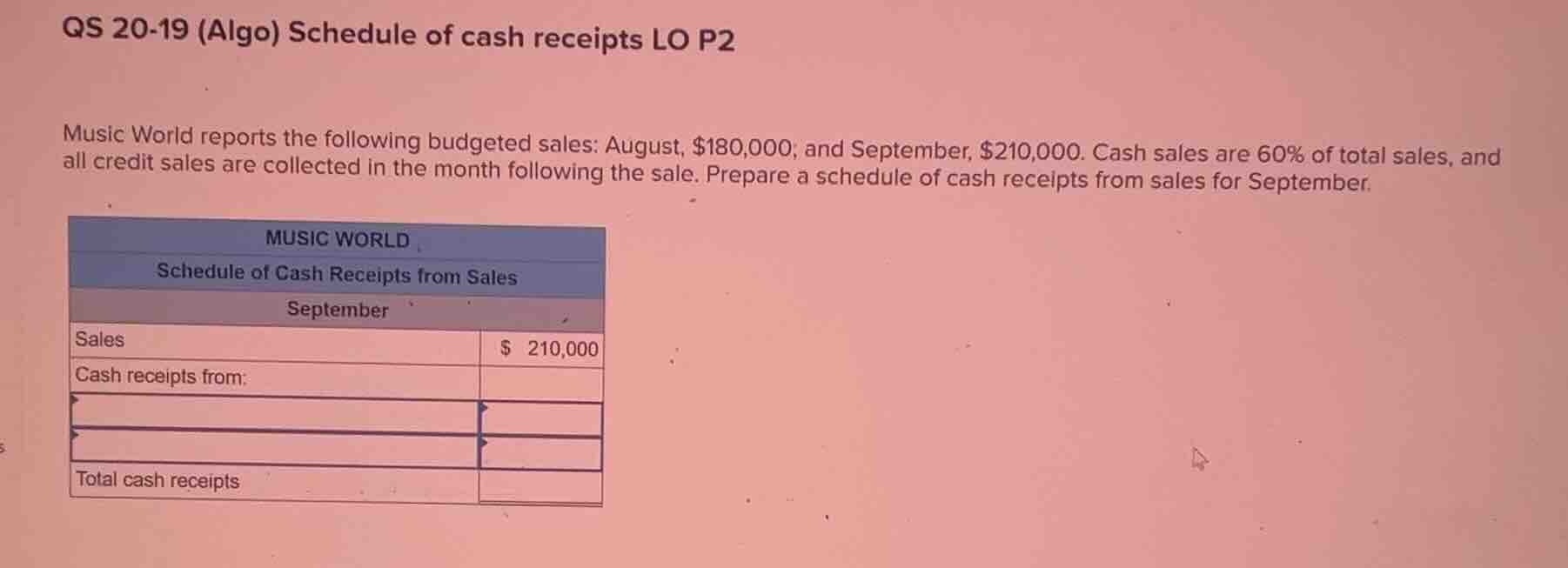 qs 20-19 (algo) schedule of cash receipts lo p2 music world reports the…