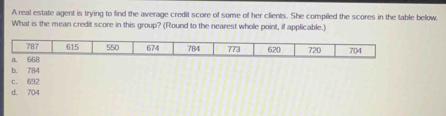 a real estate agent is trying to find the average credit score of some …