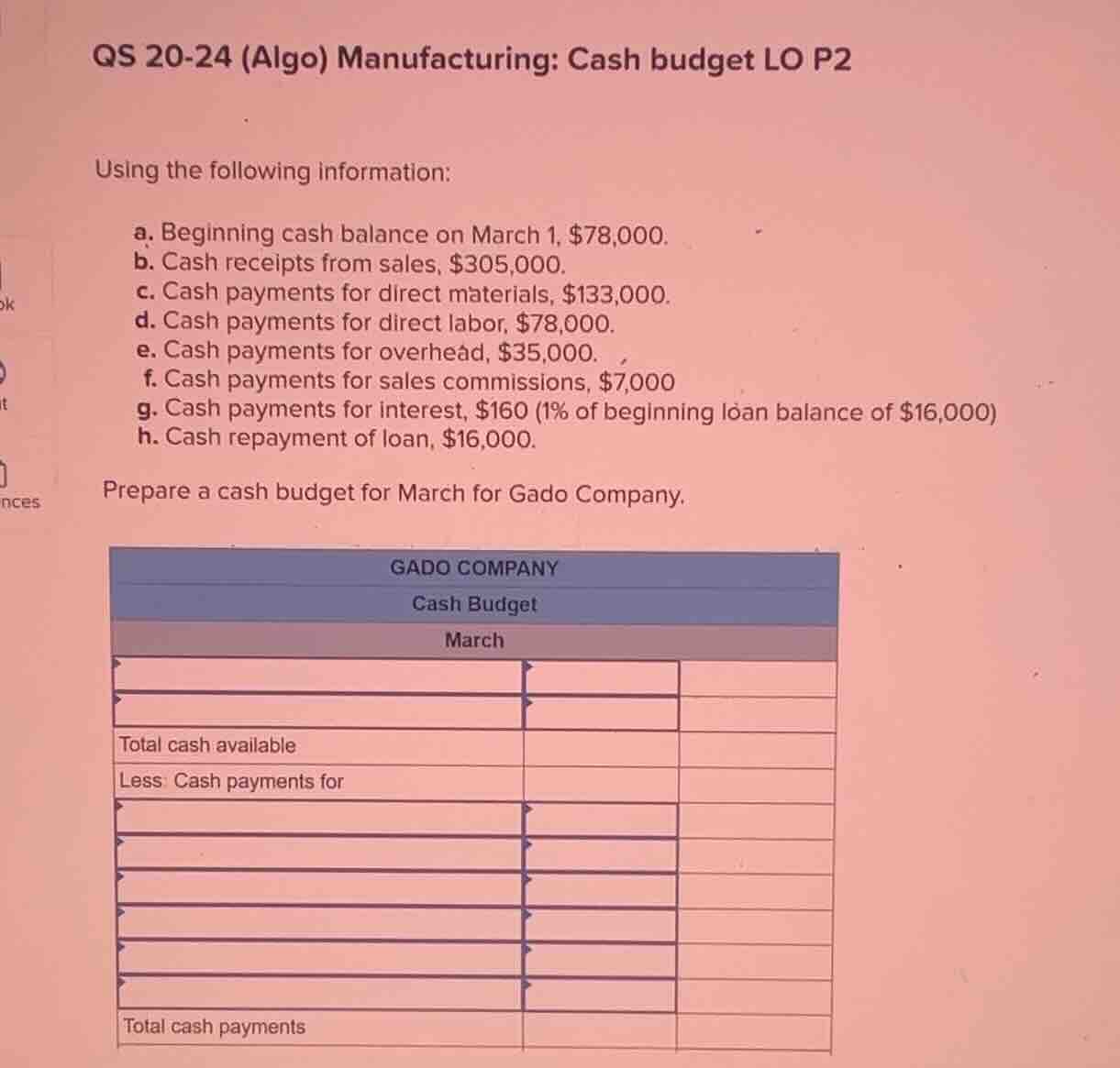 qs 20-24 (algo) manufacturing: cash budget lo p2 using the following in…