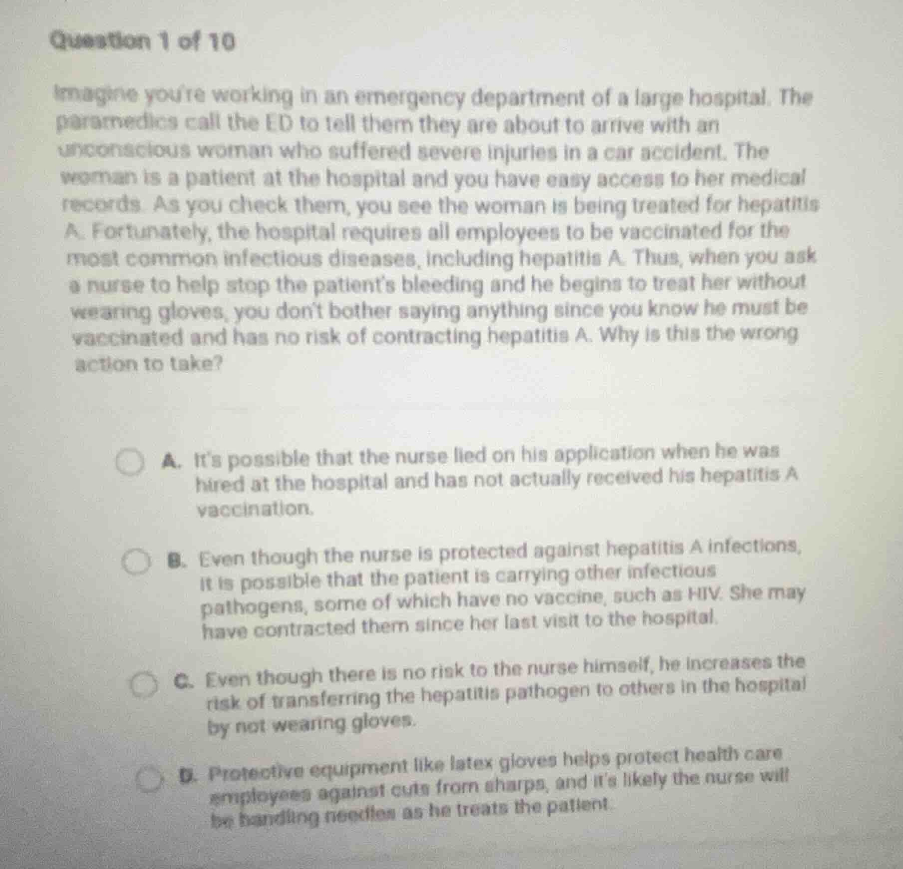 question 1 of 10 imagine youre working in an emergency department of a …