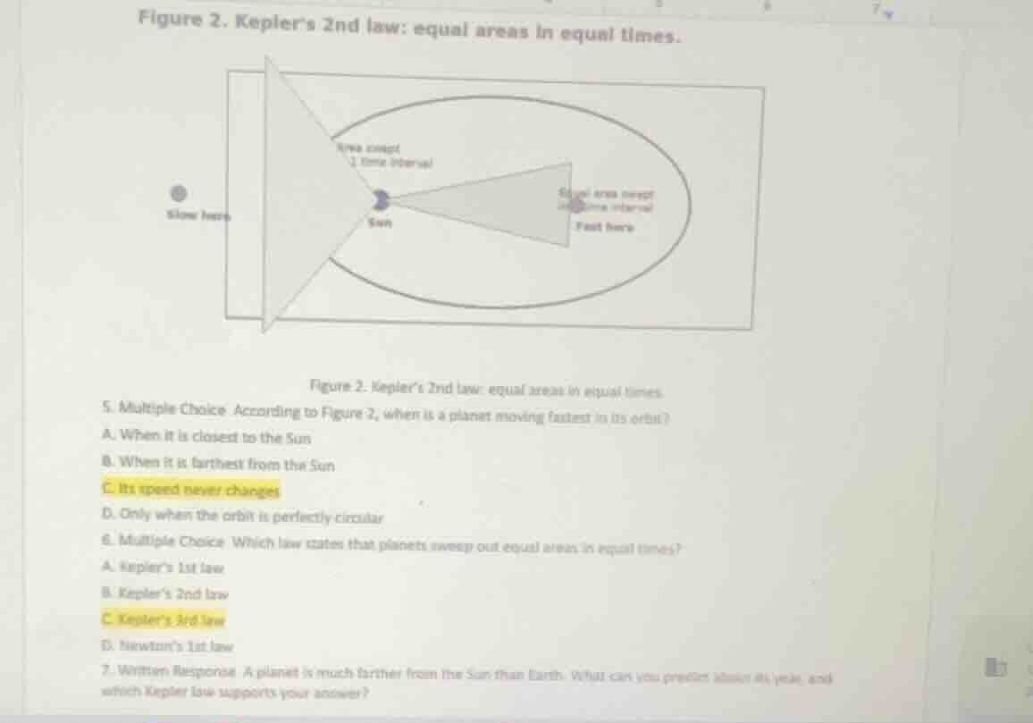 figure 2. keplers 2nd law: equal areas in equal times. 5. multiple choi…