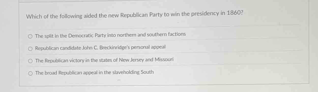 which of the following aided the new republican party to win the presid…
