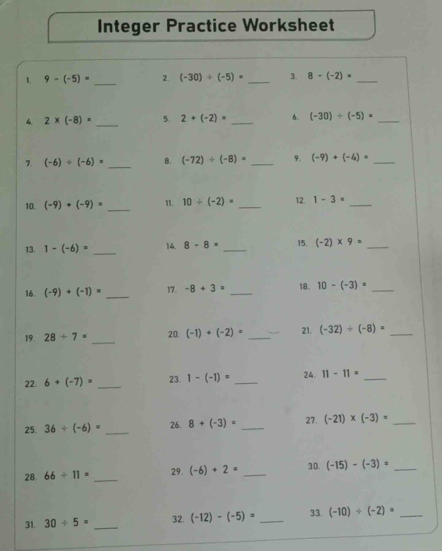 integer practice worksheet 1. \\(9 - (-5) = \\underline{\\quad}\\) 2. \…