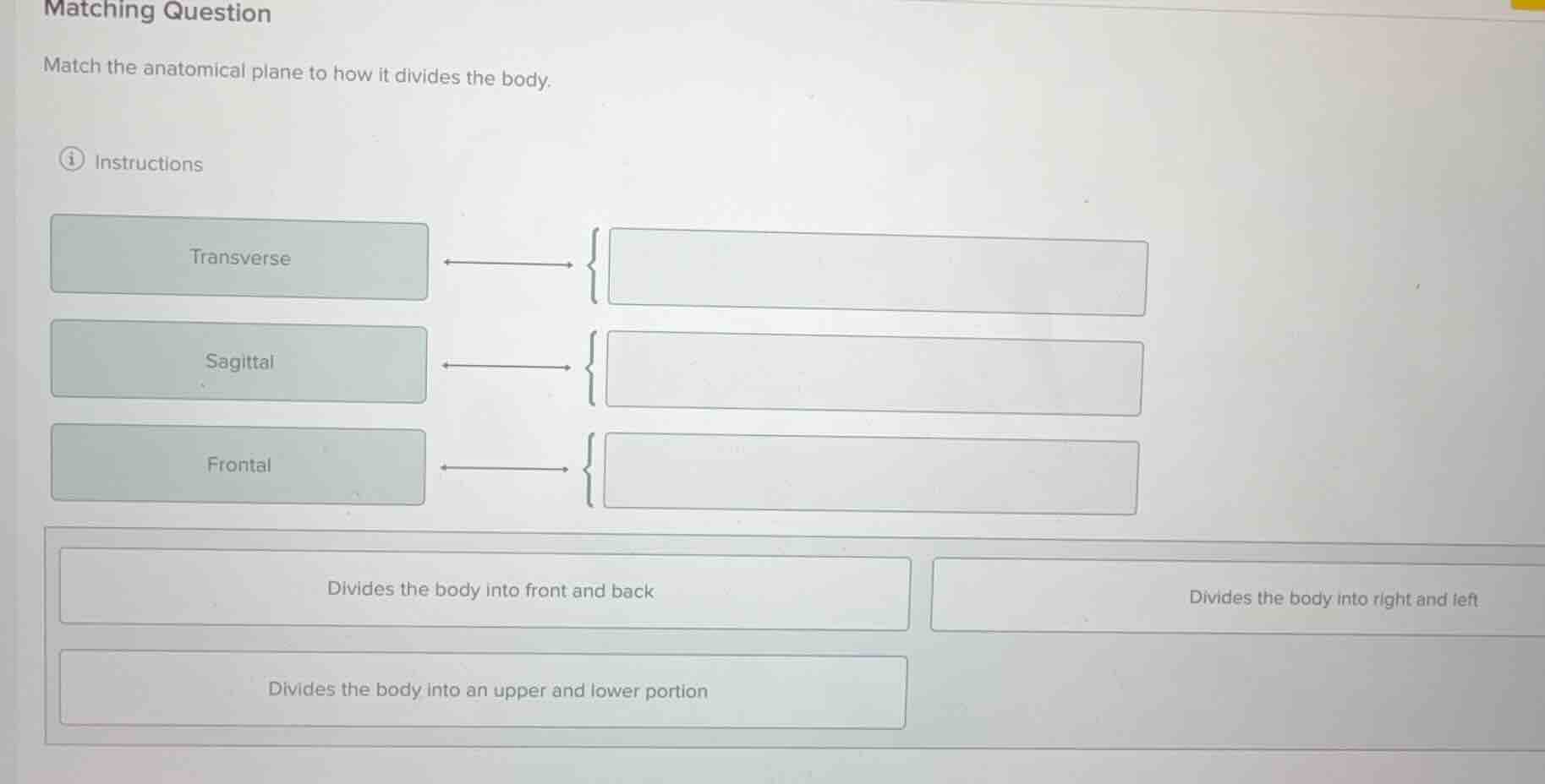 matching question match the anatomical plane to how it divides the body…