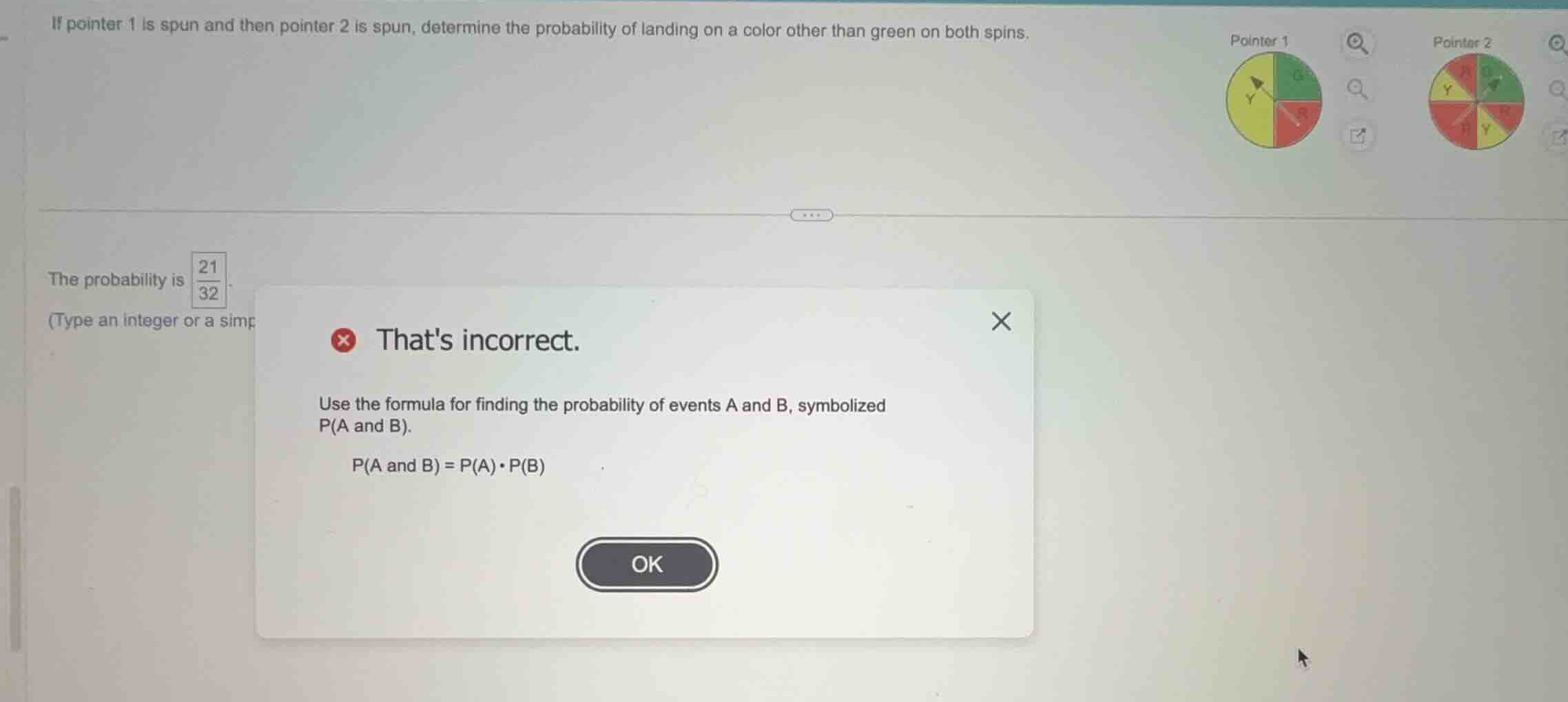 if pointer 1 is spun and then pointer 2 is spun, determine the probabil…