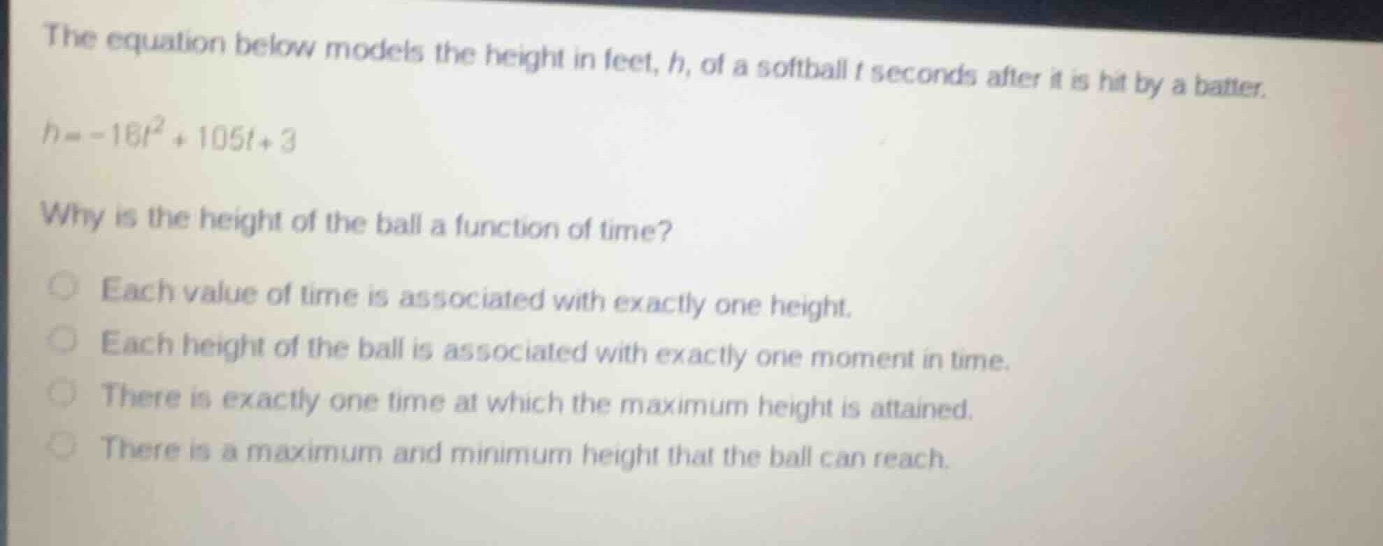the equation below models the height in feet, (h), of a softball (t) se…