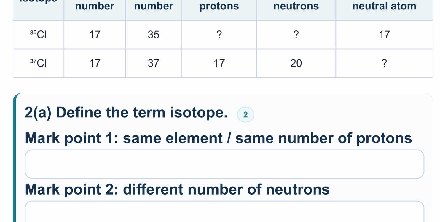 2(a) define the term isotope. mark point 1: same element / same number …