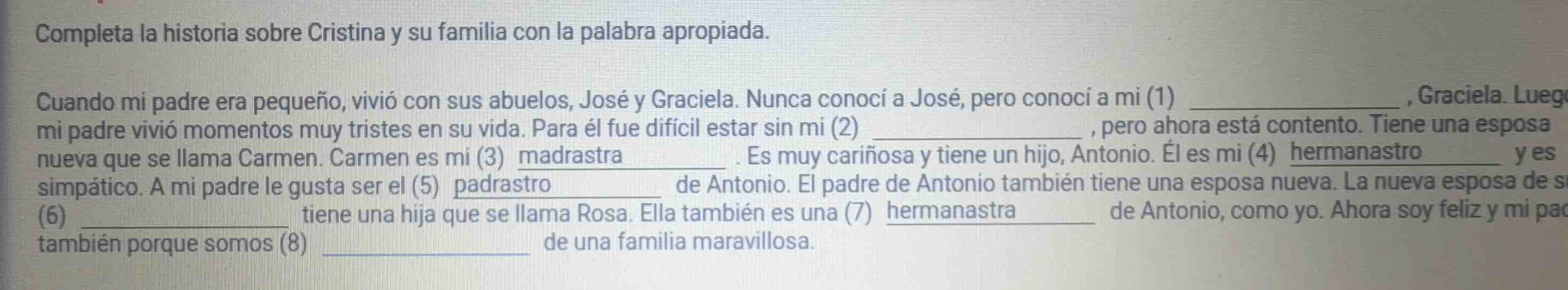 completa la historia sobre cristina y su familia con la palabra apropia…
