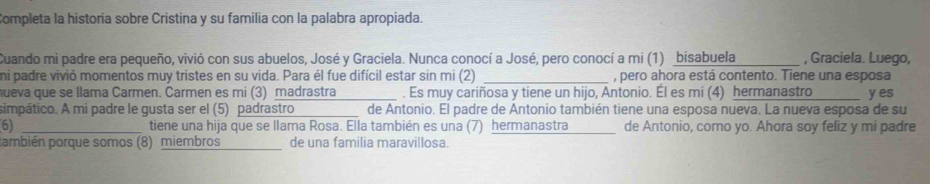 completa la historia sobre cristina y su familia con la palabra apropia…