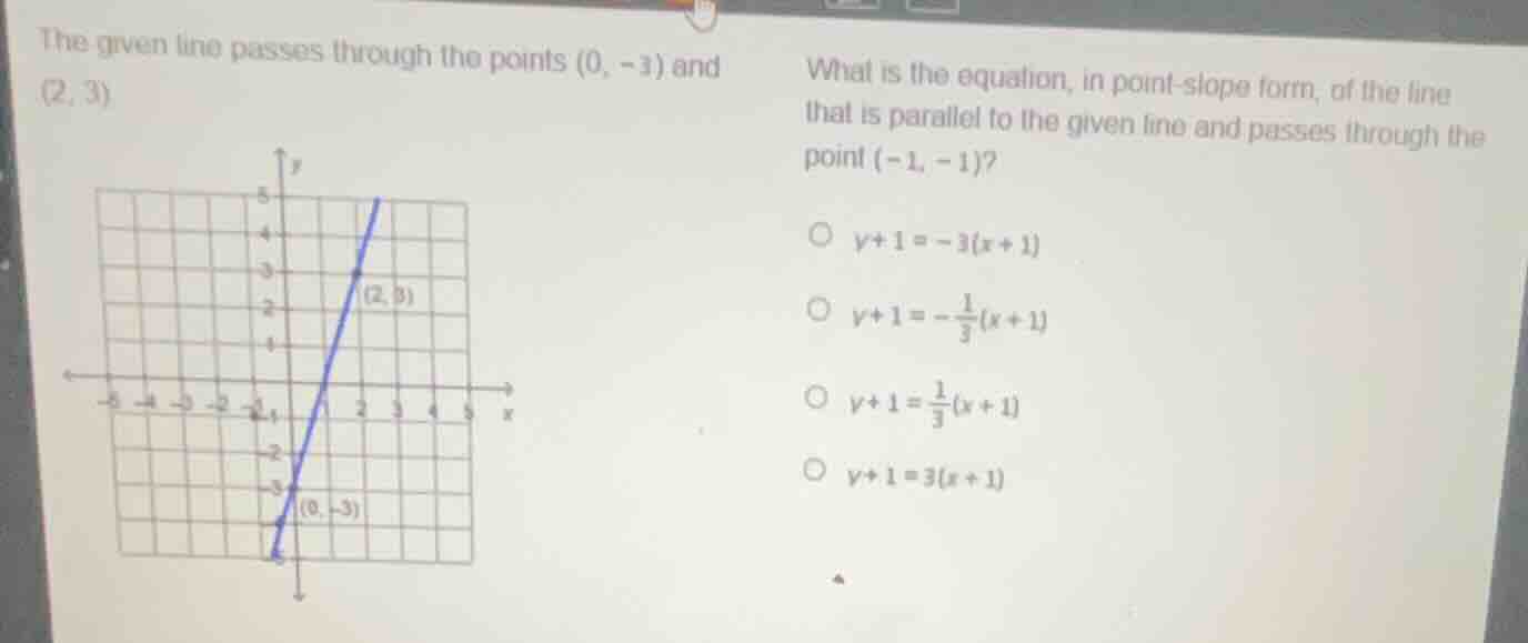 the given line passes through the points \\((0, -3)\\) and \\((2, 3)\\)…