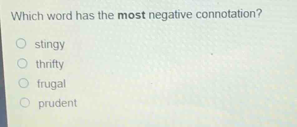 which word has the most negative connotation? stingy thrifty frugal pru…