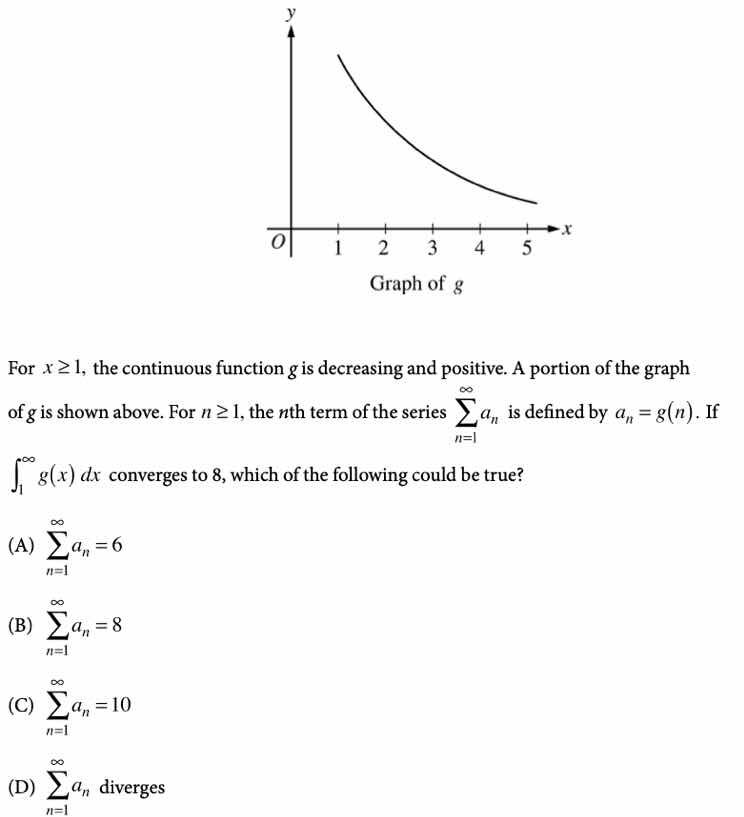 for (x \\ge 1), the continuous function (g) is decreasing and positive.…