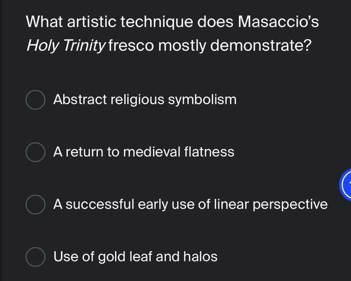 what artistic technique does masaccios holy trinity fresco mostly demon…