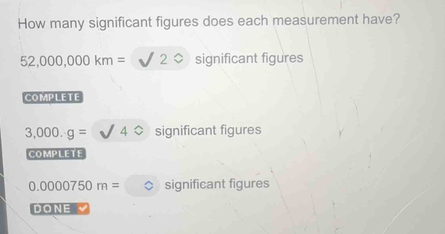 how many significant figures does each measurement have? 52,000,000 km …