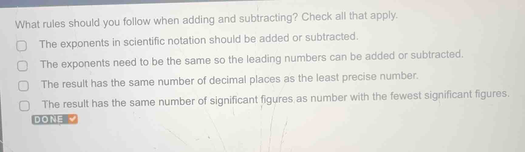 what rules should you follow when adding and subtracting? check all tha…