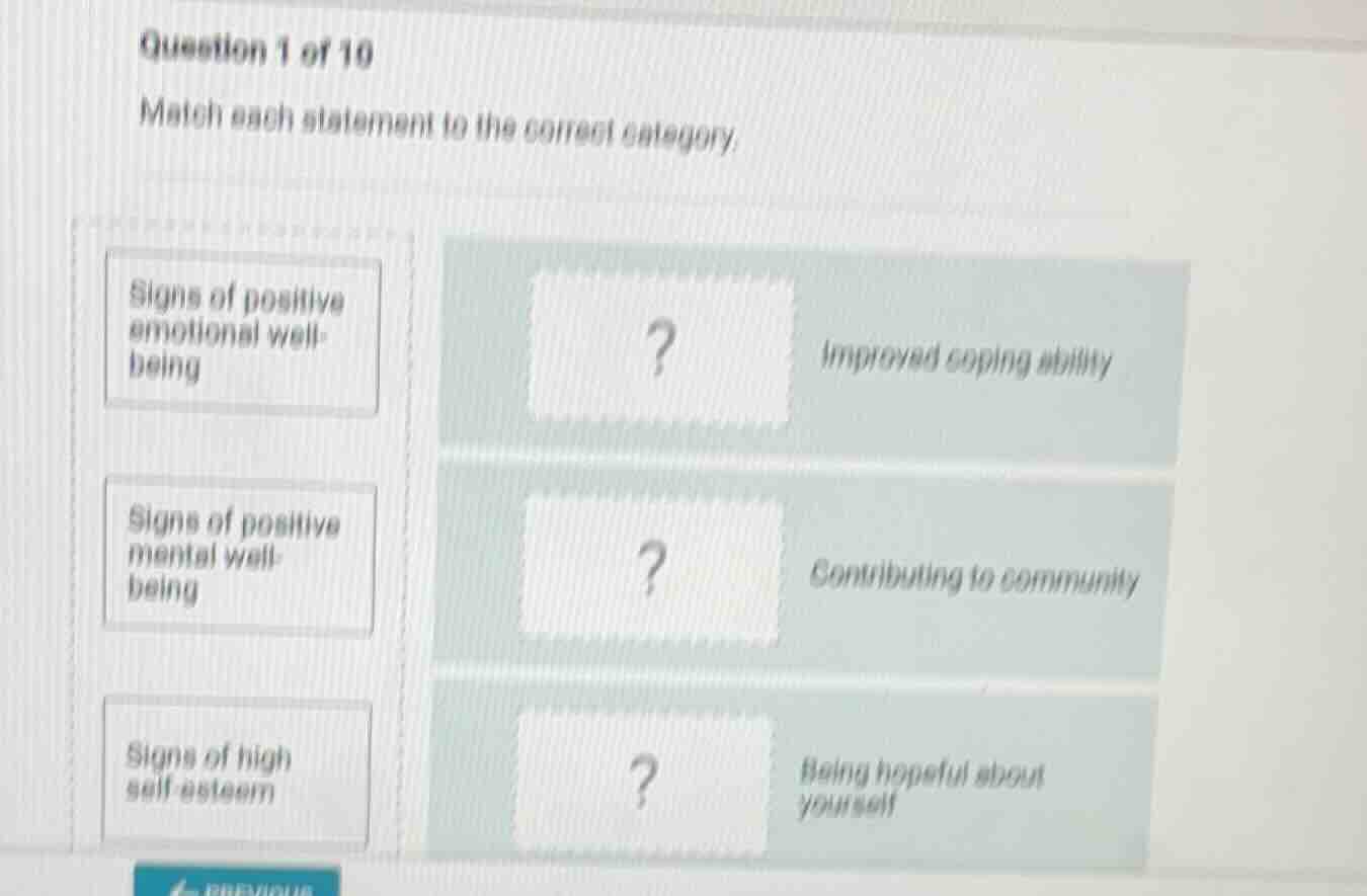 question 1 of 10 match each statement to the correct category. signs of…
