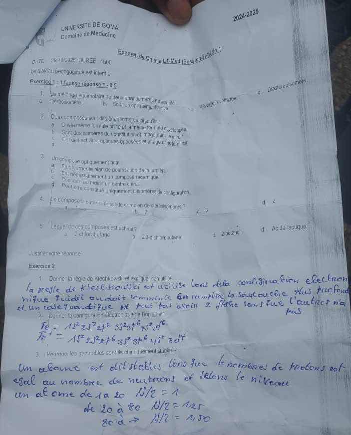 universite de goma domaine de médecine 2024-2025 examen de chimie l1-me…