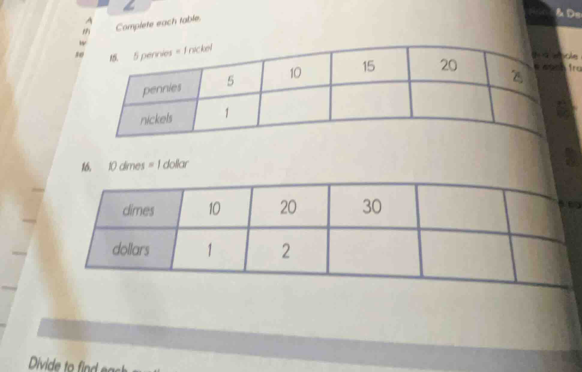 complete each table. 15. 5 pennies = 1 nickel \\begin{tabular}{|c|c|c|c…