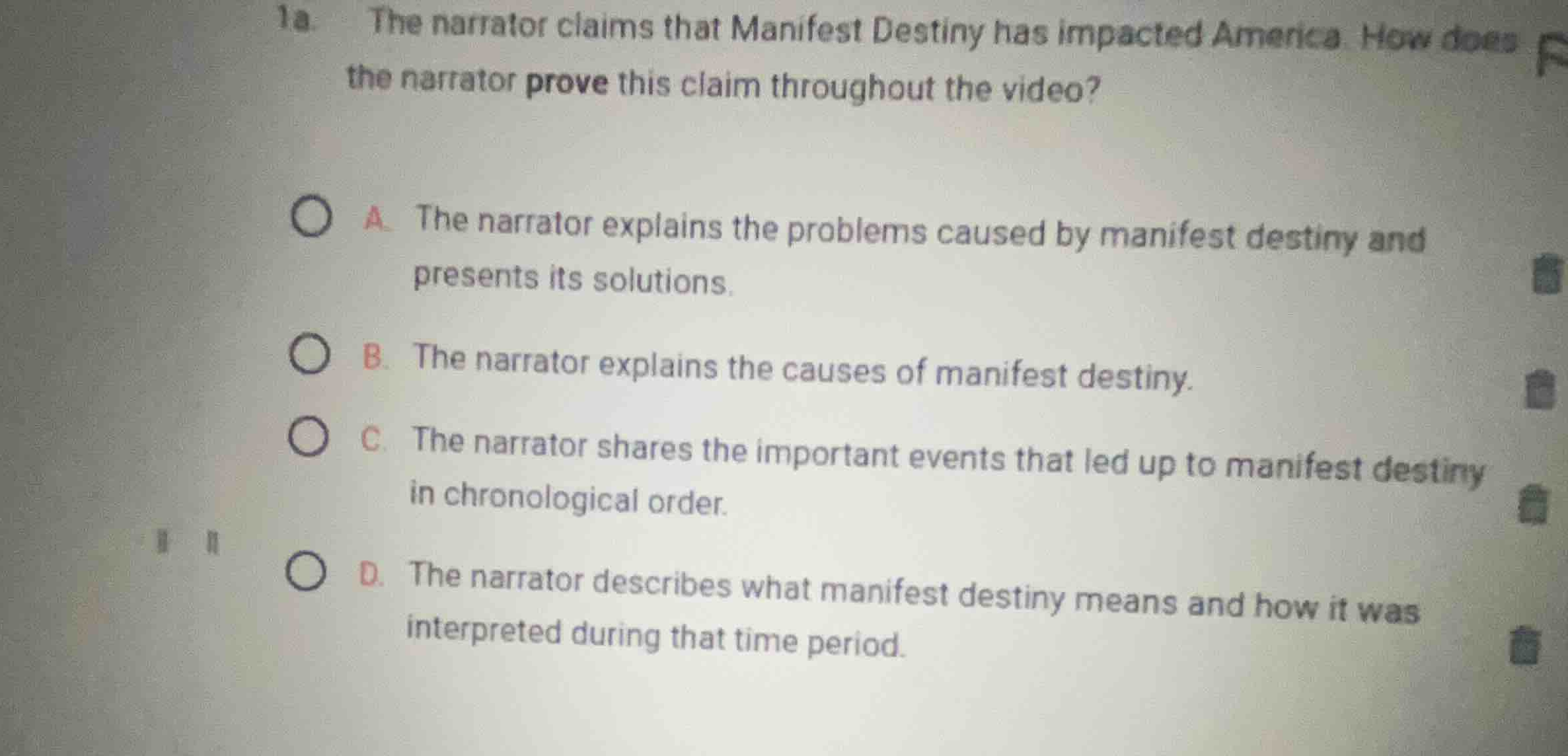 1a. the narrator claims that manifest destiny has impacted america. how…