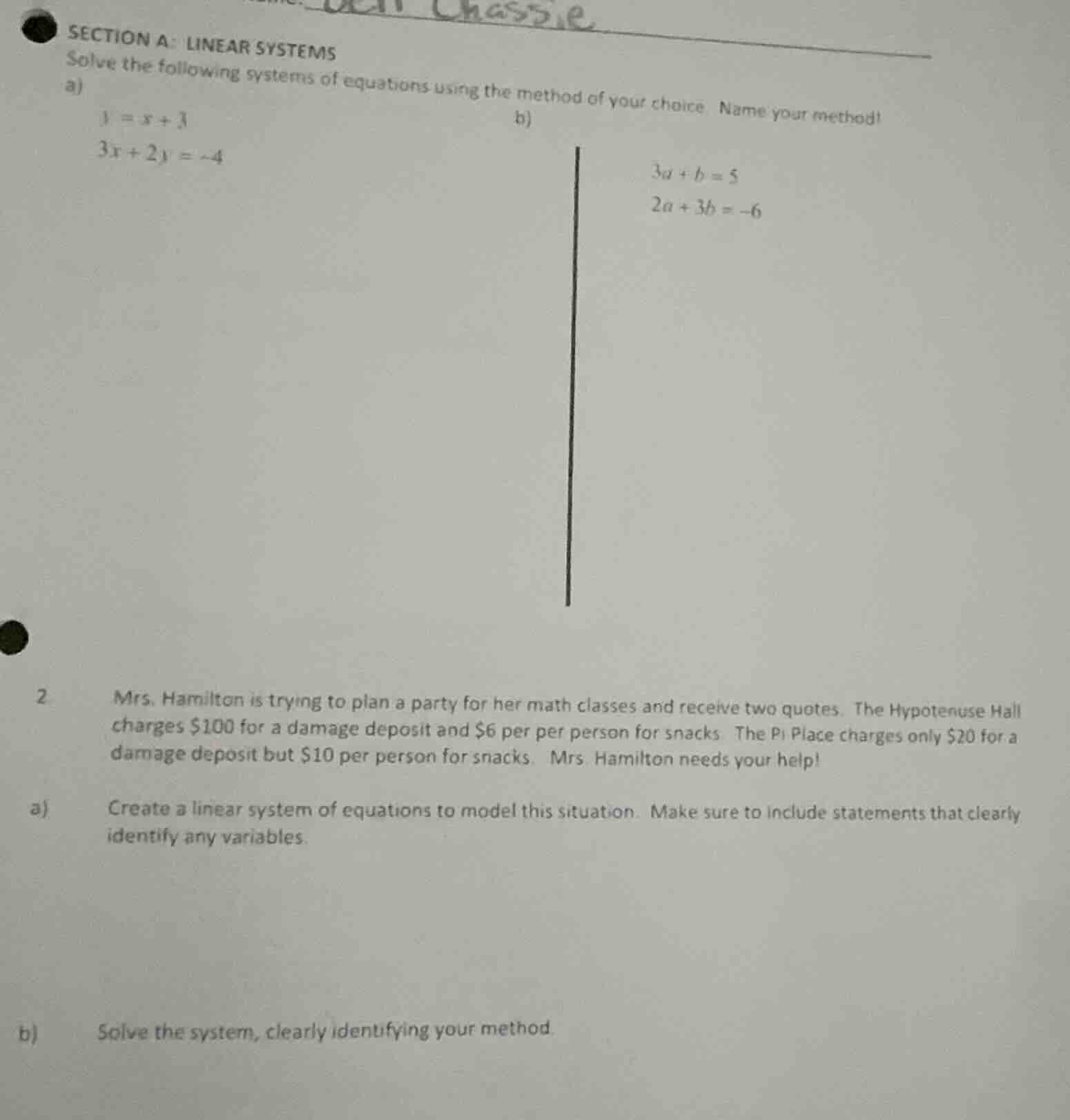 section a: linear systems solve the following systems of equations usin…