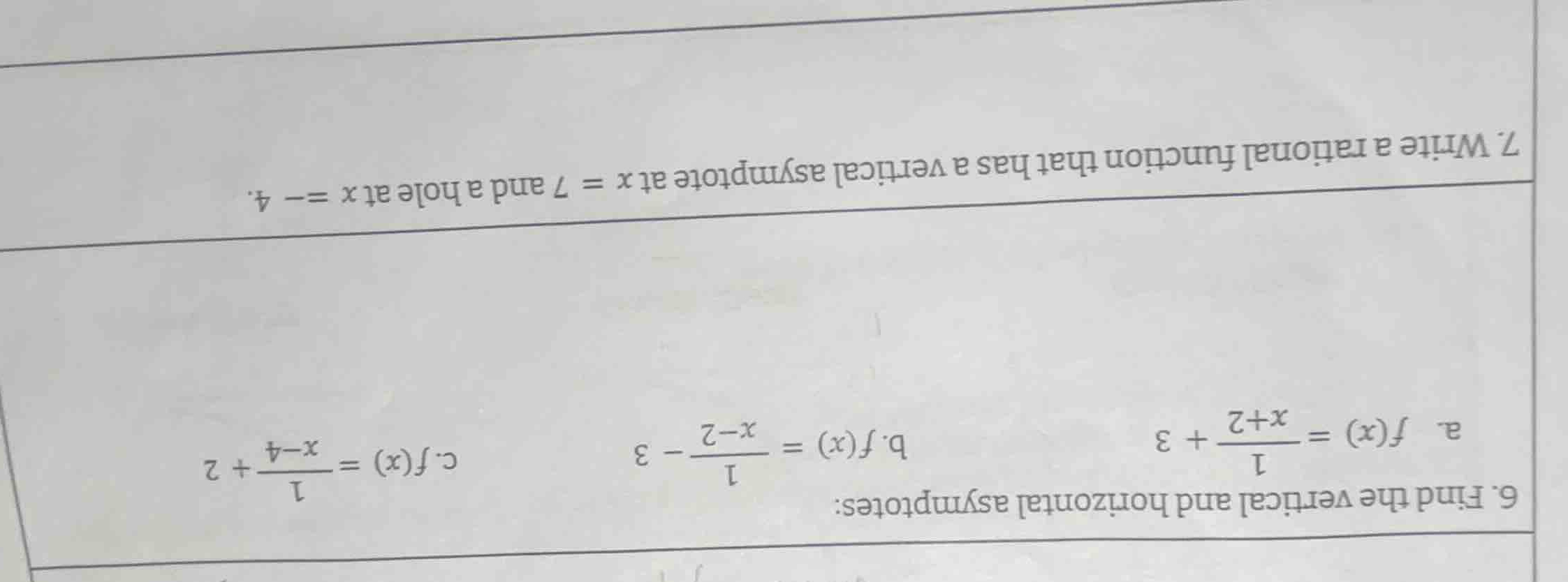 6. find the vertical and horizontal asymptotes: a. (f(x) = \\frac{1}{x+…