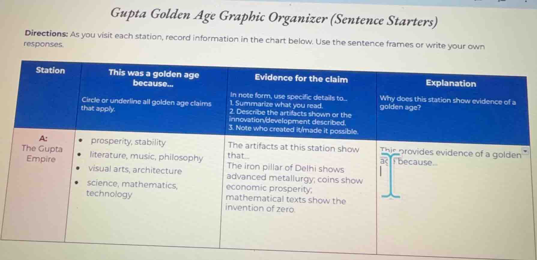 gupta golden age graphic organizer (sentence starters) directions: as y…