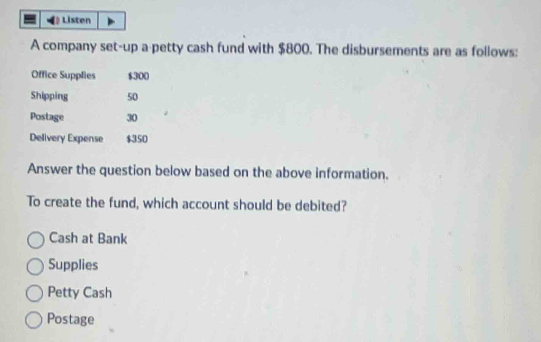 a company set-up a petty cash fund with $800. the disbursements are as …