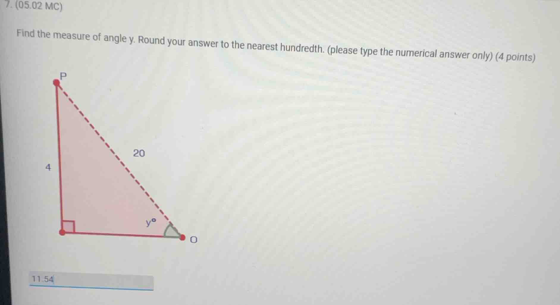 7. (05.02 mc) find the measure of angle y. round your answer to the nea…