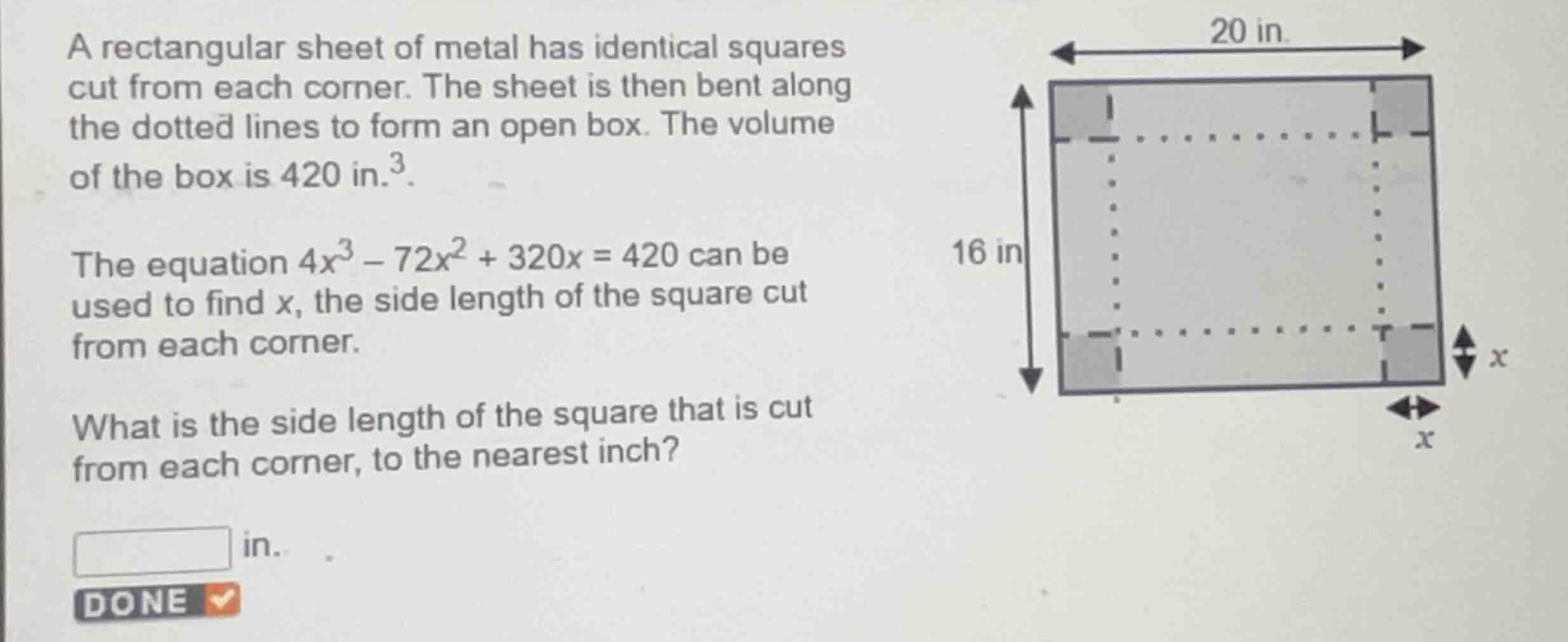 a rectangular sheet of metal has identical squares cut from each corner…